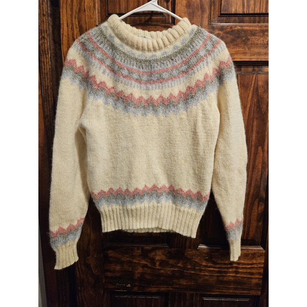 Woolrich Woman Vintage 80s Pure Wool Fair Isle Chunky Knit Sweater Cream Large